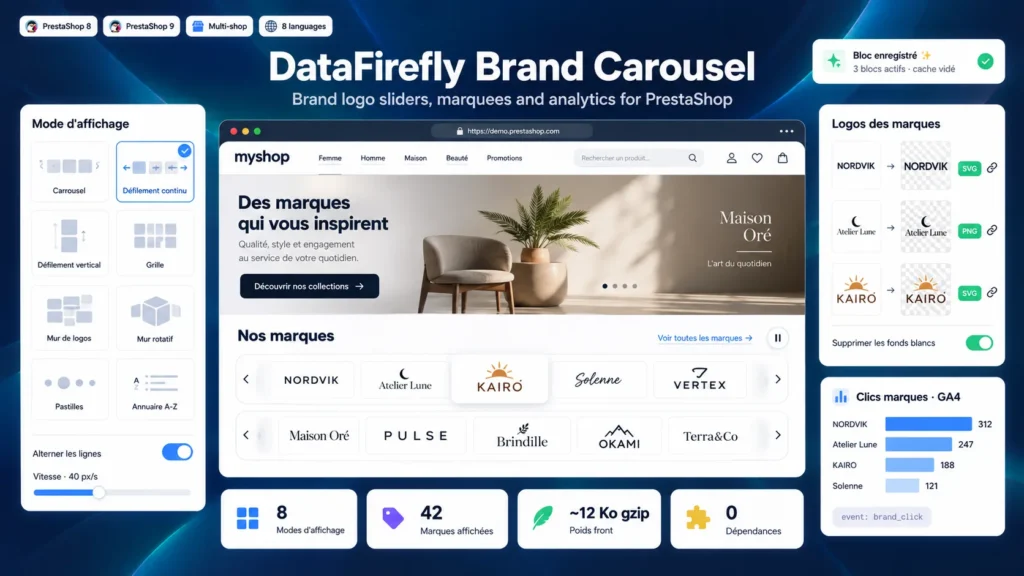 Module Carrousel de Marques PrestaShop 8/9 : Logos en Défilement, Grille et Mur de Logos