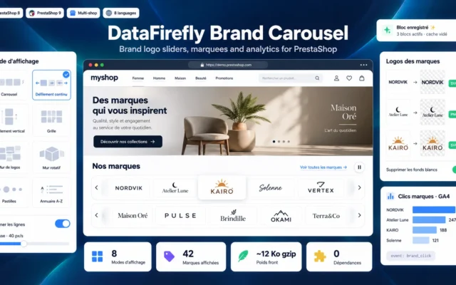 Módulo Carrusel de Marcas PrestaShop 8/9: Logos en Movimiento, Cuadrícula y Muro de Logos