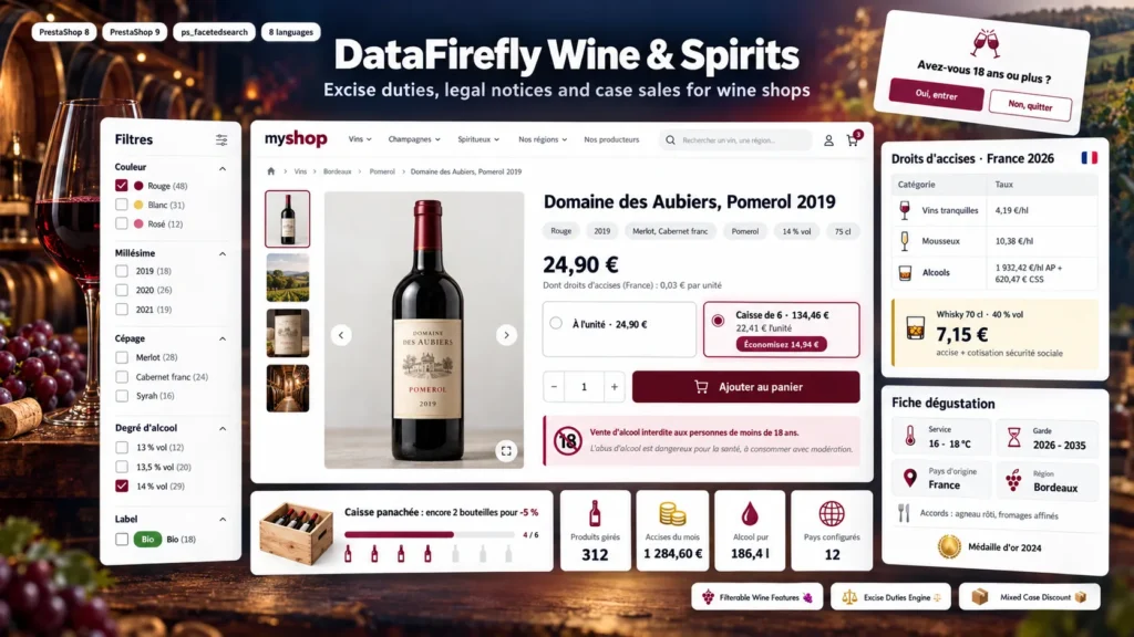 Module Caviste PrestaShop 8 & 9 : Vins, Spiritueux et Droits d'Accises