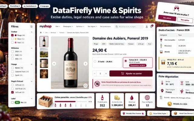 Módulo Tienda de Vinos PrestaShop 8 y 9: Impuestos Especiales, Edad Legal y Caja Surtida