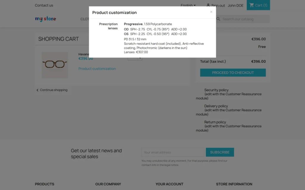 Módulo Óptica PrestaShop: Gafas Graduadas con Receta y Elección de Lentes