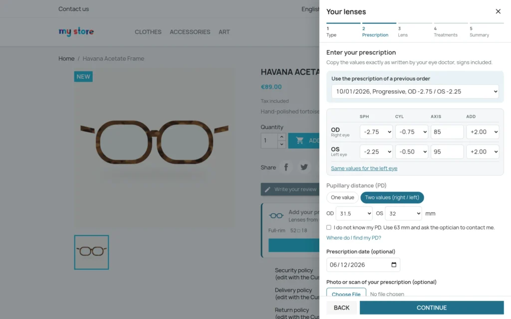 Módulo Óptica PrestaShop: Gafas Graduadas con Receta y Elección de Lentes