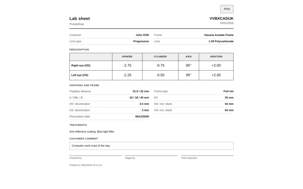 Módulo Óptica PrestaShop: Gafas Graduadas con Receta y Elección de Lentes