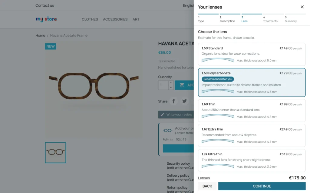 Módulo Óptica PrestaShop: Gafas Graduadas con Receta y Elección de Lentes