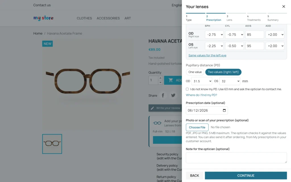Módulo Óptica PrestaShop: Gafas Graduadas con Receta y Elección de Lentes