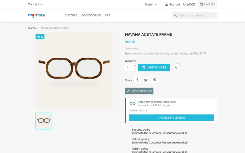 Módulo Óptica PrestaShop: Gafas Graduadas con Receta y Elección de Lentes