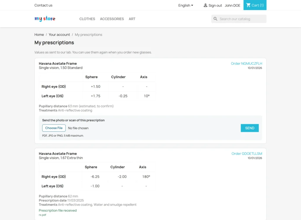 Módulo Óptica PrestaShop: Gafas Graduadas con Receta y Elección de Lentes
