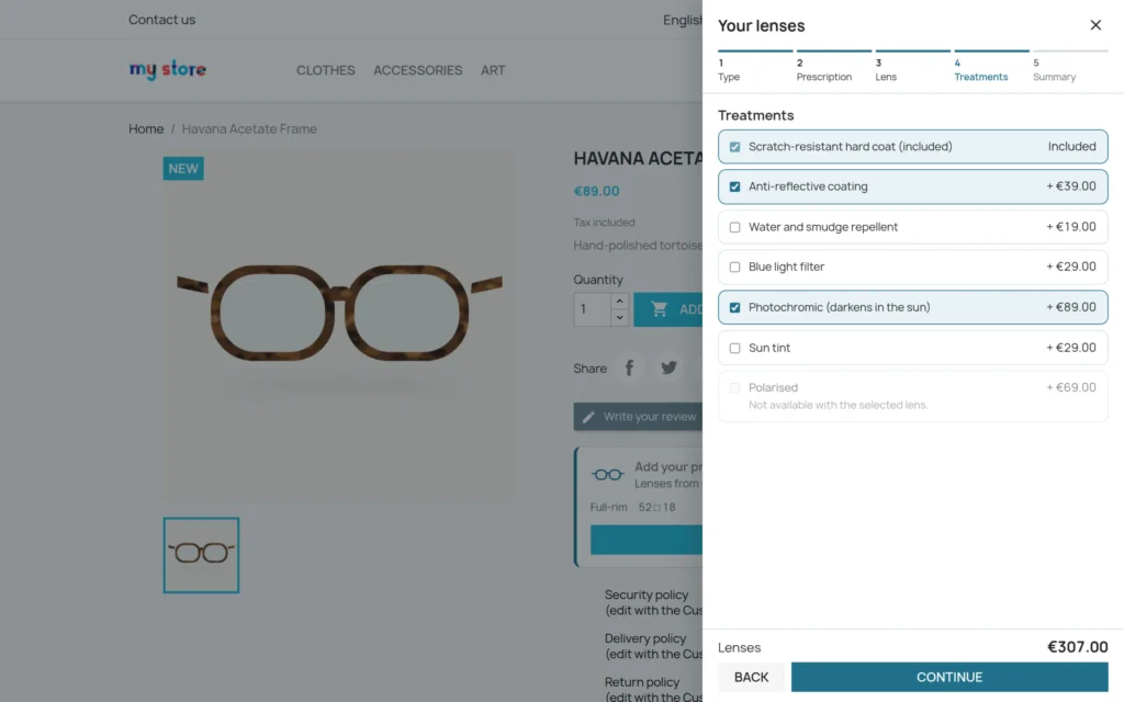 Módulo Óptica PrestaShop: Gafas Graduadas con Receta y Elección de Lentes