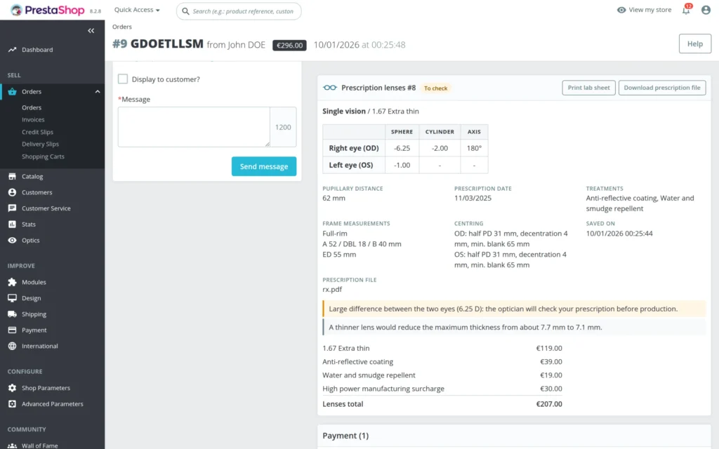 Módulo Óptica PrestaShop: Gafas Graduadas con Receta y Elección de Lentes