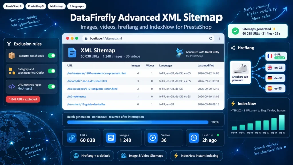 Módulo Sitemap XML PrestaShop 8 e 9: Imagens, Vídeos, Hreflang e IndexNow