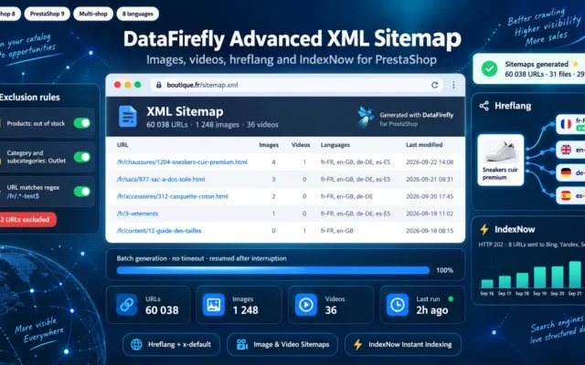 Sitemap XML avanzado para PrestaShop 8 y 9 con imágenes, vídeos, hreflang e IndexNow