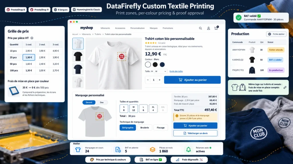 Personnalisation Textile PrestaShop 8 & 9 : Marquage Logo, Sérigraphie, Broderie, Flocage