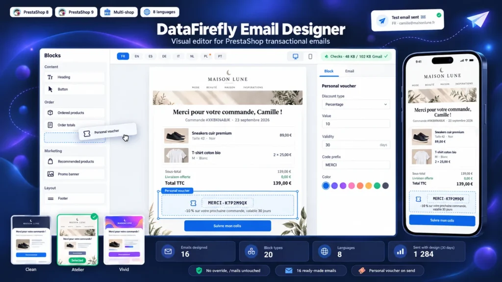 Personalizar os Emails do PrestaShop 8 e 9: Editor Visual de Modelos de Encomenda