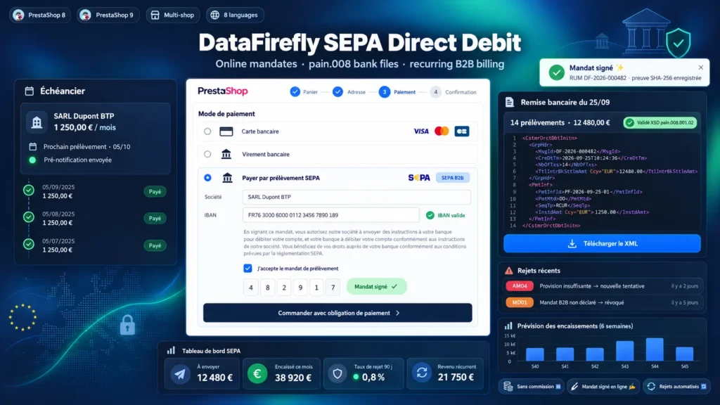 Domiciliación Bancaria SEPA con Mandato Online para PrestaShop 8 y 9