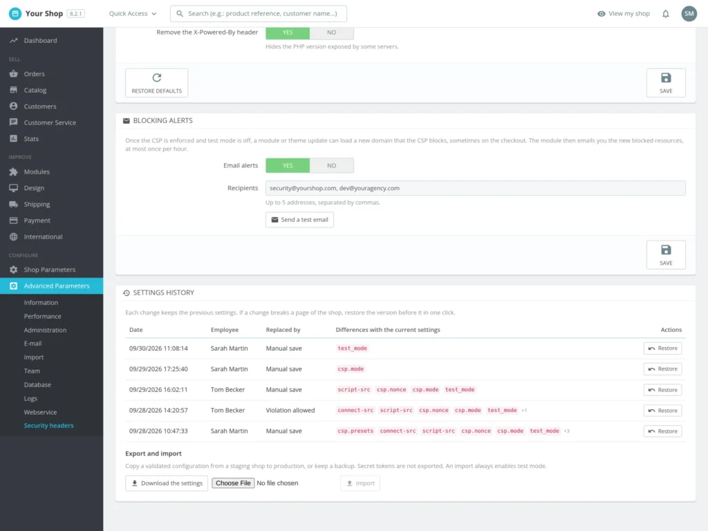 Security Header für PrestaShop 8 & 9: CSP, HSTS und Note A+ ohne Serverzugriff