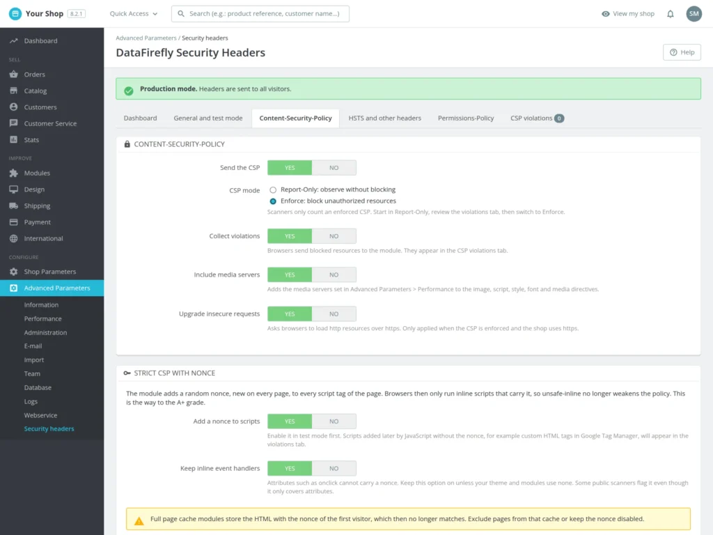 Security Header für PrestaShop 8 & 9: CSP, HSTS und Note A+ ohne Serverzugriff