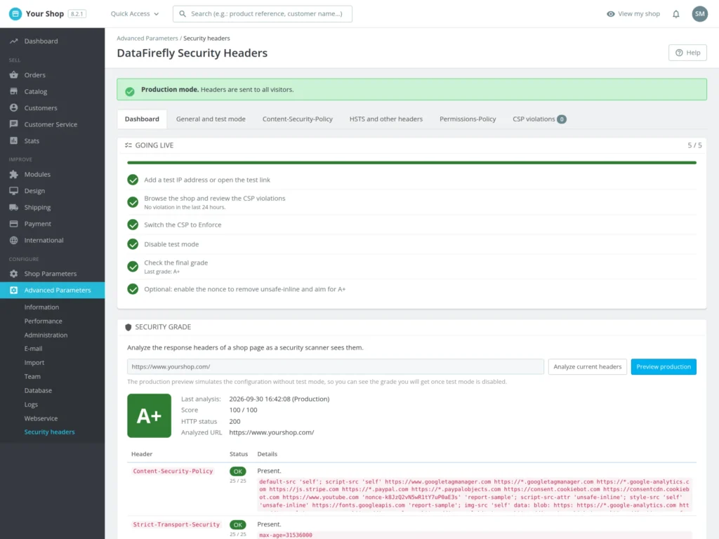 Security Header für PrestaShop 8 & 9: CSP, HSTS und Note A+ ohne Serverzugriff
