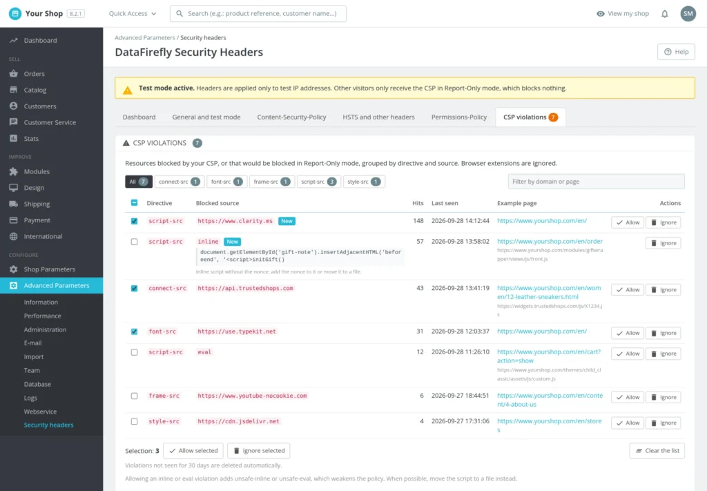 Security Header für PrestaShop 8 & 9: CSP, HSTS und Note A+ ohne Serverzugriff