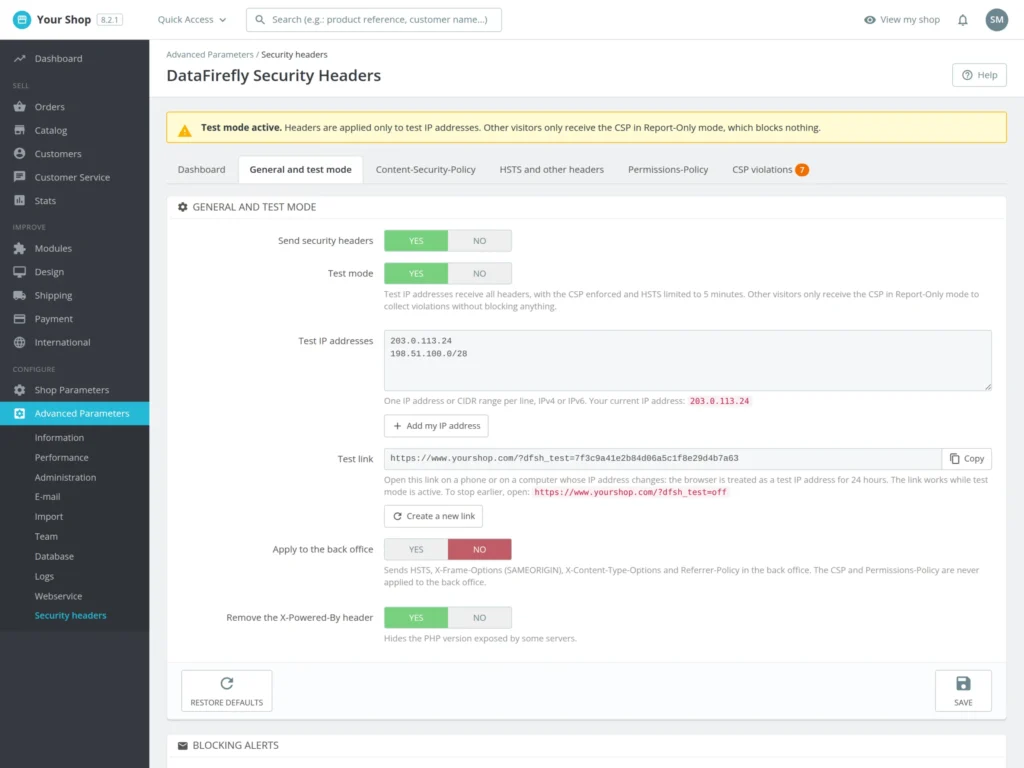 Security Header für PrestaShop 8 & 9: CSP, HSTS und Note A+ ohne Serverzugriff
