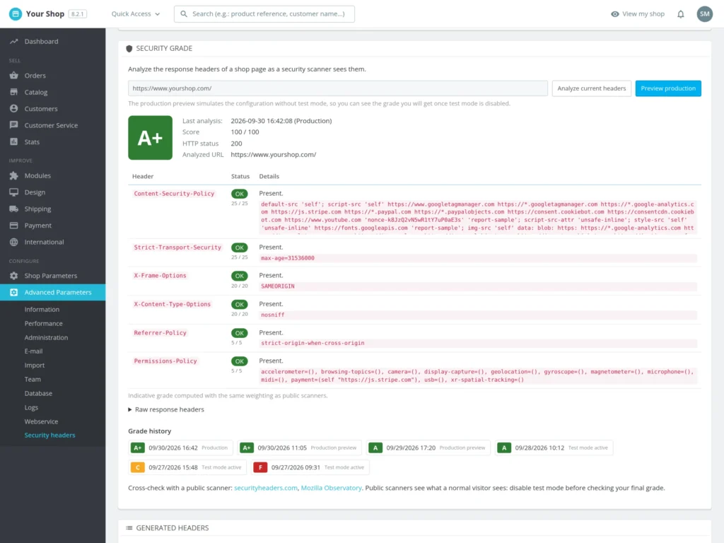 Security Header für PrestaShop 8 & 9: CSP, HSTS und Note A+ ohne Serverzugriff