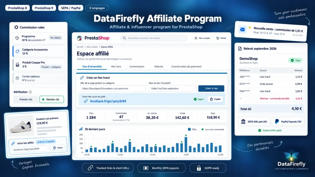 Programa de Afiliados PrestaShop 8 e 9: Links de Afiliado, Comissões e Pagamentos