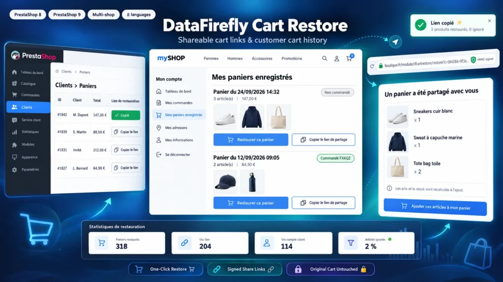 Restore Cart Link for PrestaShop 8 & 9: Shareable Cart Links and Customer Cart History