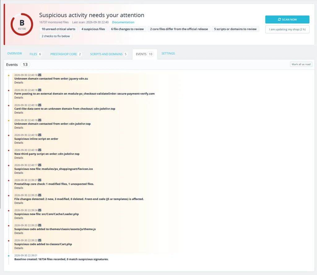 PrestaShop Malware Scanner 8 & 9: Anti-Skimming voor Kaartbetalingen en Bestandsintegriteit