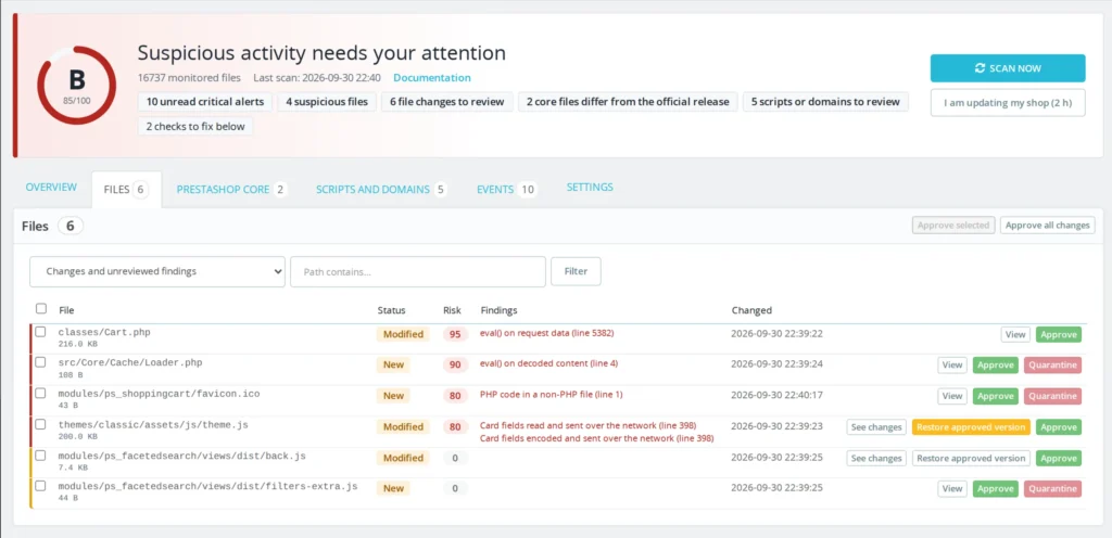 PrestaShop Malware Scanner 8 & 9: Anti-Skimming voor Kaartbetalingen en Bestandsintegriteit