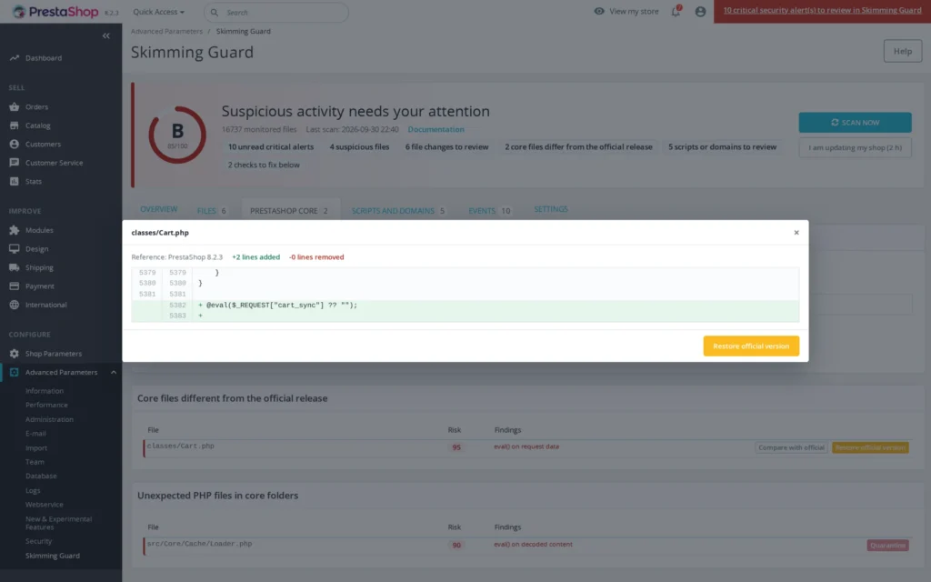 PrestaShop Malware Scanner 8 & 9: Anti-Skimming voor Kaartbetalingen en Bestandsintegriteit