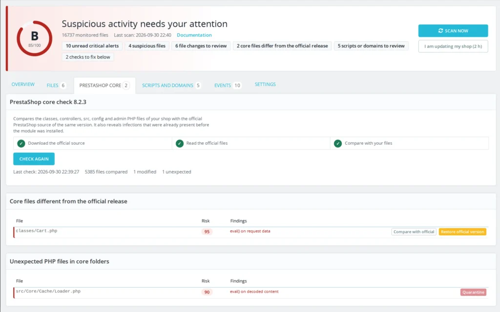 PrestaShop Malware Scanner 8 & 9: Anti-Skimming voor Kaartbetalingen en Bestandsintegriteit