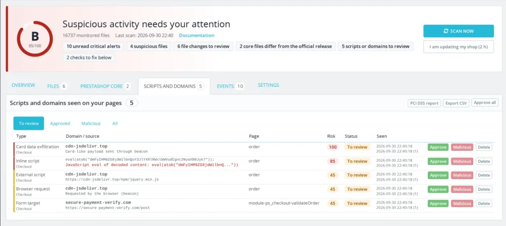 PrestaShop Malware Scanner 8 & 9: Anti-Skimming voor Kaartbetalingen en Bestandsintegriteit