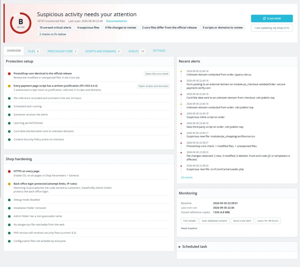 PrestaShop Malware Scanner 8 & 9: Anti-Skimming voor Kaartbetalingen en Bestandsintegriteit