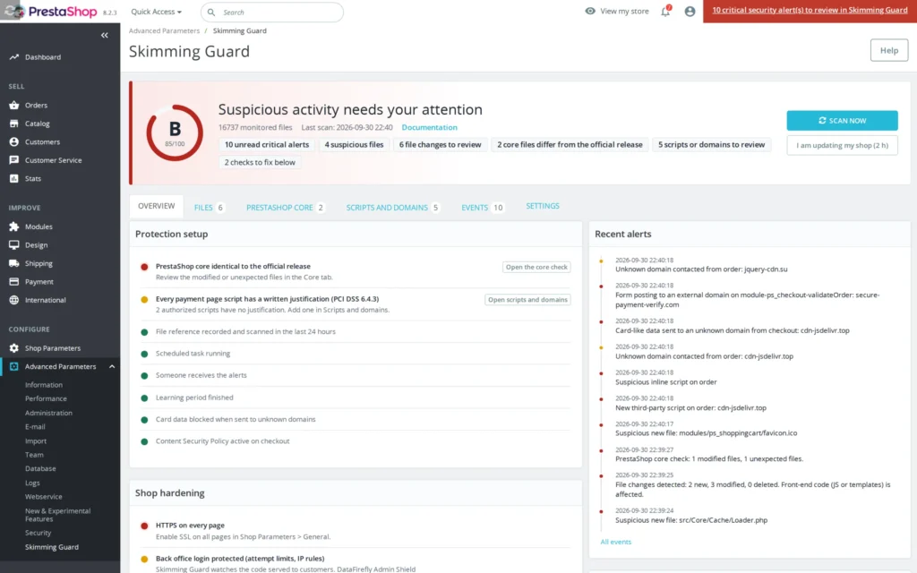 PrestaShop Malware Scanner 8 & 9: Anti-Skimming voor Kaartbetalingen en Bestandsintegriteit