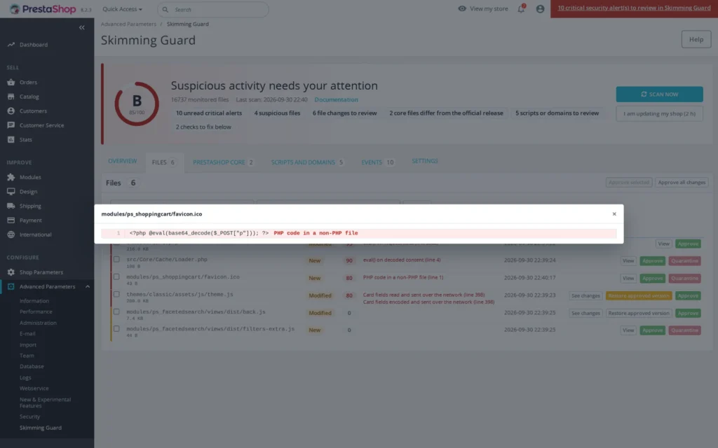 PrestaShop Malware Scanner 8 & 9: Anti-Skimming voor Kaartbetalingen en Bestandsintegriteit