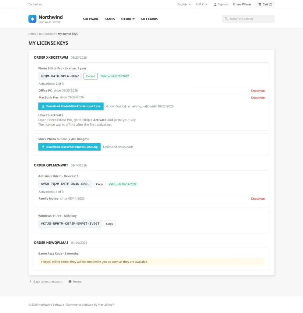 Vendre des Clés de Licence et Produits Numériques PrestaShop 8 & 9