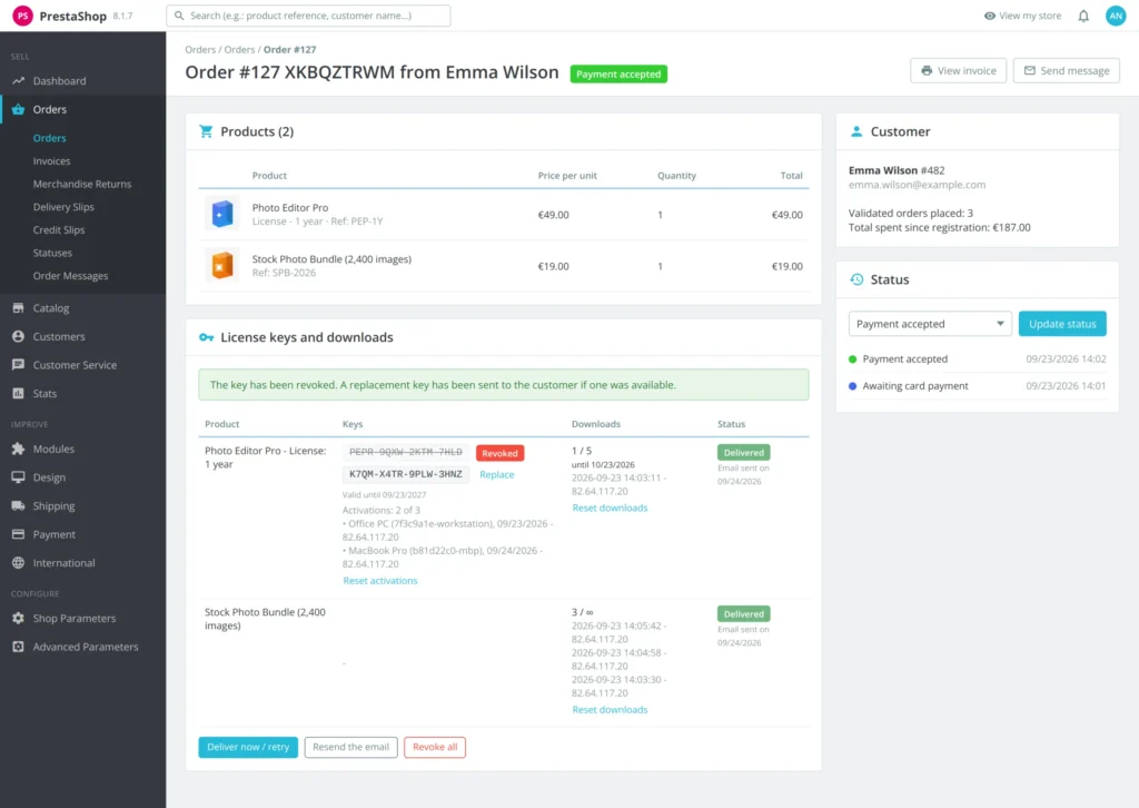 Vendre des Clés de Licence et Produits Numériques PrestaShop 8 & 9