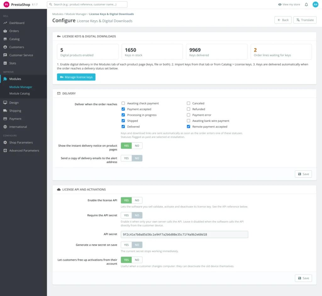 Vendre des Clés de Licence et Produits Numériques PrestaShop 8 & 9