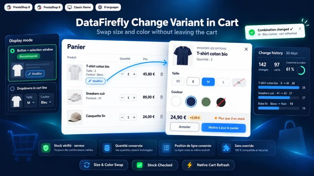 Cambiar la Combinación en el Carrito PrestaShop 8 y 9: Talla y Color sin Eliminar el Producto