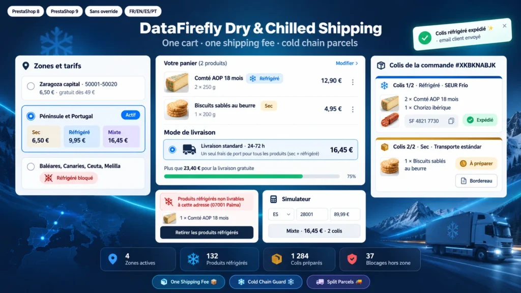 Envío Refrigerado y Seco PrestaShop 8 y 9: Portes por Código Postal y Paquete en Frío Separado