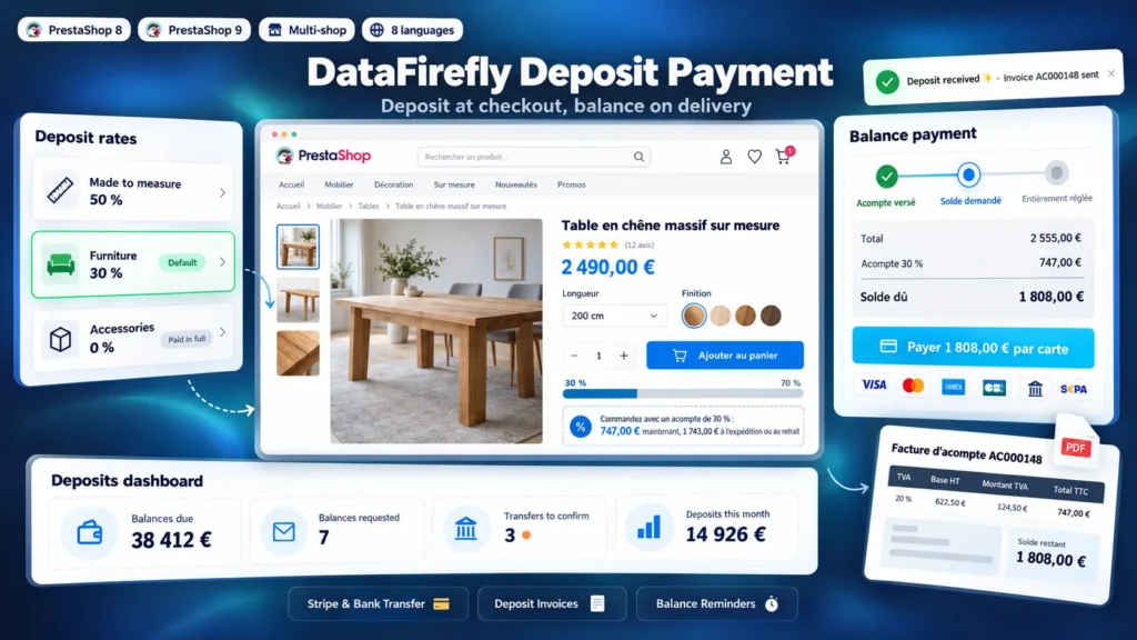 Aanbetaling PrestaShop 8 & 9: Aanbetaling bij Bestelling, Restbedrag bij Levering